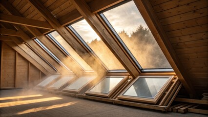 Poster - A series of skylight panels some stacked and some leaning creates an artful arrangement against the backdrop of co wooden beams. Dust motes dance in the golden sunlight filtering