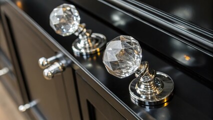 Poster - A set of crystal door handles glimmering in the soft light rests on a sleek black surface. Their transparency and refractivity create a sense of elegance and sophistication