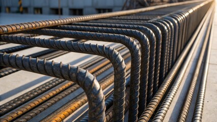 Poster - A side view of a compact group of rebar with a focus on the different thicknesses of the bars showcasing their industrial design. The play of light and shadow accentuates the
