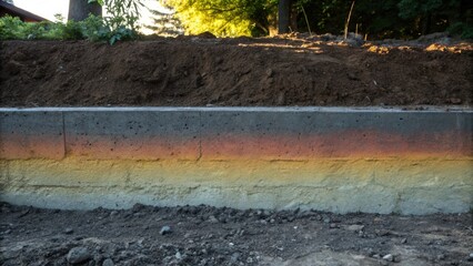 Aufkleber - A side angle captures the gradient of color within the concrete foundation from dark gray near the base to lighter shades where the footings begin to rise above the soil. The