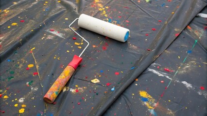 Aufkleber - A solitary paint roller rests upon a splattered tarp its design contrasting sharply with the chaotic array of colors. Nearby the vibrant remnants of splashed paint form a