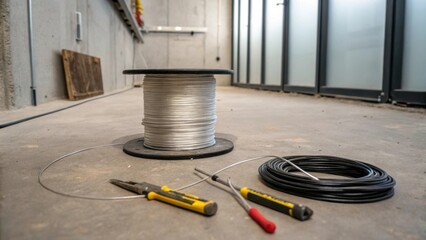 Poster - A spool of wire rests on a concrete floor surrounded by tools like pliers and screwdrivers that hint at the ongoing renovations. The scene is rich with texturesrough concrete