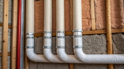 Poster - A textured closeup of the insulation materials wrapping the manifold contrasting the smoothness of the pipes. The sy construction of the manifold system is evident and the layers