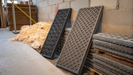 Aufkleber - A textured image showing drainage grates leaning against a wall their surfaces rugged and worn. The background consists of various construction materials tered about and tufts of