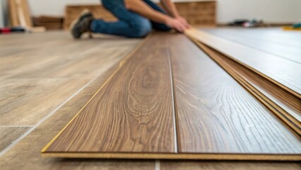 Leinwandbilder - A tightly focused shot of a single laminate plank being fitted into place with the edges perfectly aligned showcasing a welldefined pattern and the unique finish that adds depth