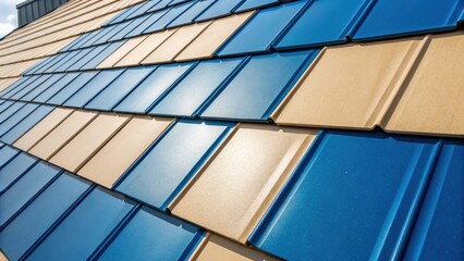 Aufkleber - A vibrant closeup of cladding panels arranged in a staggered pattern showcasing a combo of bold blue and earthy beige colors. The panels are designed to withstand harsh weather