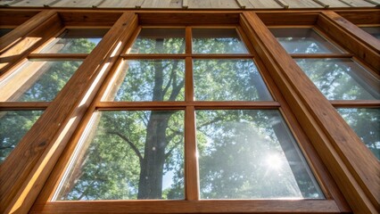 Aufkleber - A vibrant closeup of a storm window panel framed by robust supports with sunlight filtering through and casting playful shadows on the surrounding surface. The glass is crystal
