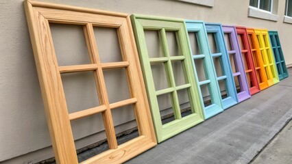 Poster - A vibrant display of wooden cat window frames lined up against a wall all primed and awaiting color. The texture of the wood is clear emphasizing the natural beauty while the