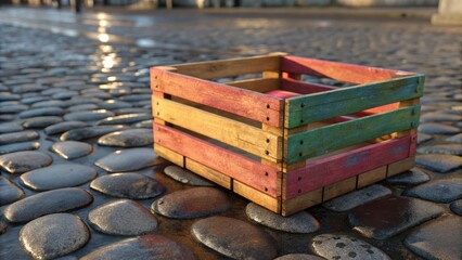 Poster - A vibrant image of a wooden crate b with smooth rounded paving stones their polished surfaces reflecting hints of light. The crate itself has a simplistic charm with its grain