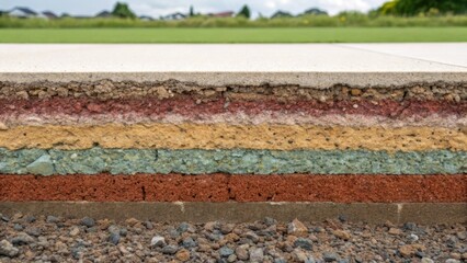 Poster - A vibrant crosssection of a foundation being laid with layers of compacted recycled aggregates visible beneath a thin coat of cement. The interplay of colors and textures offers a