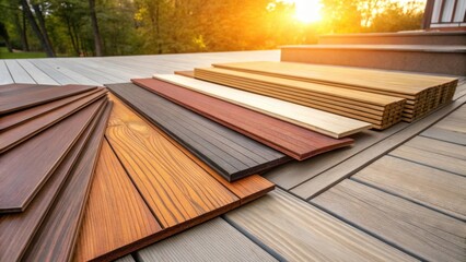 Poster - A vibrant sundrenched image showcases the diverse range of decking materials emphasizing their natural hues from deep browns to warm amber tones. Each piece carries the marks of