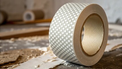 Poster - A vivid zoom into the dotted pattern of the adhesive side of sealing tape with light catching the microscopic details of its texture. Fragments of drywall dust can be seen in the
