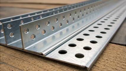 Poster - A zoomedin inspection of a metal studs profile showcasing the diverse array of holes punched along its length. These openings serve both functional and aesthetic purposes allowing