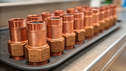Aufkleber - A zoomedin shot captures a row of copper gas couplers their warm reddish hues juxtaposed against a sleek metallic tray. Fine textures and subtle patinas on each fitting tell a