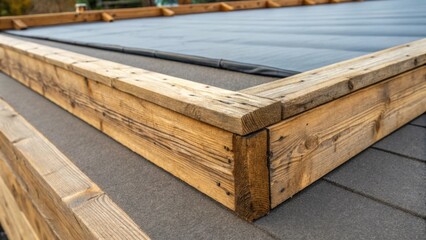 Poster - A wood grain texture closeup showing the wooden framework that supports the flat roof system contrasted against the smooth surface of the rolled roofing felt being applied. The