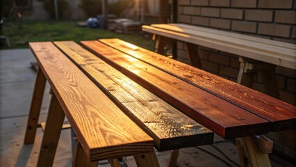 Poster - Captured in the golden hour the stained wooden planks are bathed in warm light as they rest on simple sawhorses. The delicate interplay of glistening finishes and shadowed depths