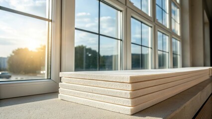 Poster - Beneath a Window Closeup focusing on rigid foam insulation panels resting against a wall beneath a large window. The interplay of sunlight streaming through the glass reflects off