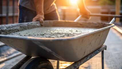 Aufkleber - Capturing the dynamic moment of a workers hand poised over the wheelbarrow ready to pour the concrete this closeup emphasizes the fluidity of the mixture. Sunlight catches the hand