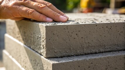 Poster - Closeup of a finger smoothing out the wet mortar on top of a stacked cement block with specks of mortar streaking the rough block surface. The image captures the craftsmanship