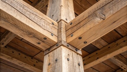 Aufkleber - Closeup of a corner where two beams intersect revealing the precise dovetail joints that connect them. The texture of the aged wood with its knots and imperfections speaks to the