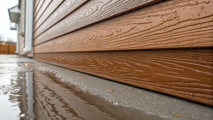 Poster - Closeup of a newly manufactured composite siding panel with a woodlike finish highlighting the intricate grain details. A small puddle of water nearby catches the light suggesting