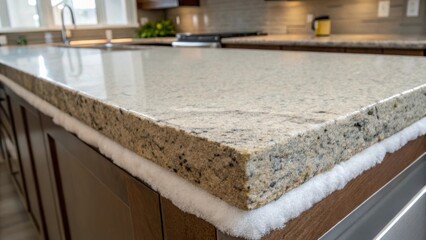 Poster - Closeup of an unfinished granite slab partially covered in protective foam reveals its rugged edges and deep fissures capturing the essence of raw elegance as it awaits
