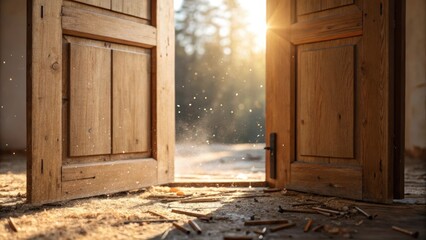 Poster - Closeup of a pair of rustic door frames their grain clearly visible bathed in warm sunlight streaming through an open window dust motes dancing in the air as nails and screws are