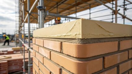 Poster - Closeup of mortar being expertly applied to a brick corner with vivid detail showing the smooth creamy texture while the scaffold structure looms in the background capturing the