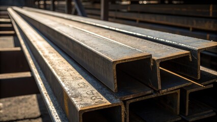 Aufkleber - Close up of heavyduty steel beams their rugged texture highlighted by the interplay of shadow and light. The beams are positioned diagonally on the rack with their industrial