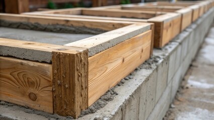 Poster - Closeup of wooden foundation molds their edges sharply defined by the fresh concrete that has overflowed slightly creating a rugged but intentional finish. The wood grain is