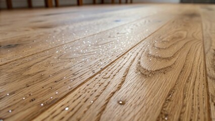 Poster - Closeup of the grainy texture of freshly sanded oak wood showcasing the intricate patterns and knots. The surrounding area is dotted with tered dust motes glittering in the light