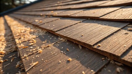 Aufkleber - Closeup of the textured edges of the roof decking boards showcasing the roughness from the saw s. Tiny wood shavings ter around remnants of the preparation process while shadows