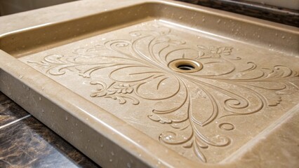 Aufkleber - Detailed closeup of a pre shower pans surface showcasing the intricate design etched into its material that mimics natural stone. The soft sheen catches the light evoking a sense