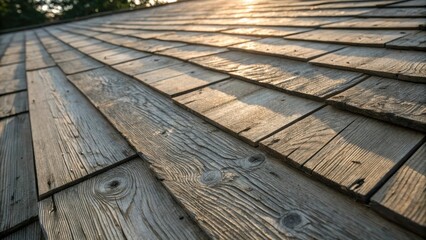 Aufkleber - Detailed view of sunbleached roof decking where intricate grain patterns and the organic knots of the wood tell a story of time enhanced by subtle shadows created by the soft