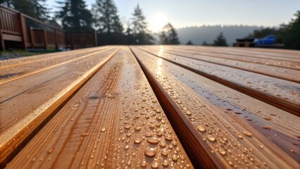 Poster - Dew glistens on the fresh cedar surface in the early morning light illuminating the cured edges of the planks which have been precisely and prepared for assembly embodying the
