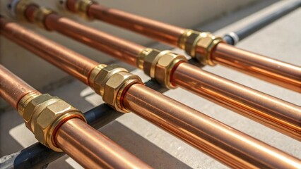 Poster - Detailed shot of copper tubing joined with brass fittings highlighting the precision of plumbing installations. The sunlight catches the contours of the metal revealing subtle