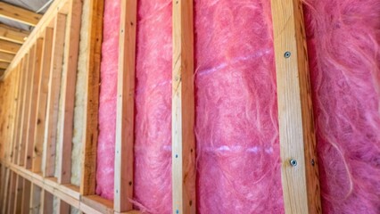 Aufkleber - Detailed view of a section of a wall highlighting the vibrant color of the fiberglass batt insulation. The insulation appears almost luminescent when the light reflects off it