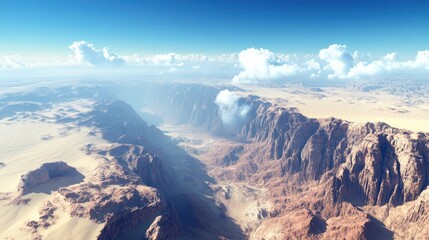 Wall Mural - Aerial view of a vast desert canyon with rocky formations and clouds above.