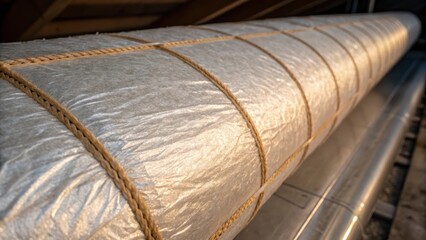 Aufkleber - Detailed focus on the seams of the insulation wrap where fibers weave together showcasing the craftsmanship and attention to detail in the installation. Warm light casts gentle