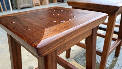 Aufkleber - Focused on a set of window stools this closeup showcases their tapered edges and clean lines. The rich stain is still drying bringing out the depth of color and sheen as droplets