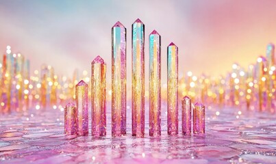 Poster - Stunning Pink Crystal Formation with Sparkling Background and Colorful Reflections in Soft Natural Light