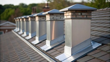 Aufkleber - Glimmering sections of chimney flashing lie neatly organized at the roofs edge with a focus on the precision of their s and bends. The image captures the interplay of light and