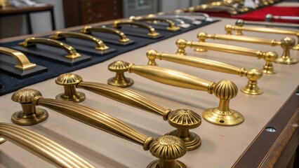 Poster - Gleaming brass door handles each with a distinct shape and style are arranged meticulously on the table. The contrasting colors of the various metals create a striking visual