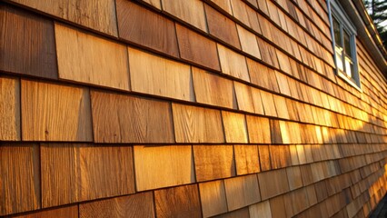 Aufkleber - Highlighting the rich texture this image captures the intricate details of the cedar shingles subtle knots and varying shades of amber and brown. The golden hue of late afternoon