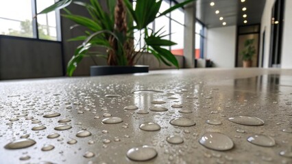 Poster - In this closeup droplets of water from a nearby plant leaves glisten on the polished concrete demonstrating the ease of maintenance. The surface curves softly into the adjoining