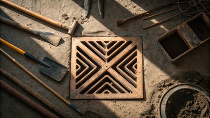 Aufkleber - The angular lines of a drainage grate create an eyecatching focal point a an array of excavation tools tered in disarray. The interplay of light and shadow on the grates surface