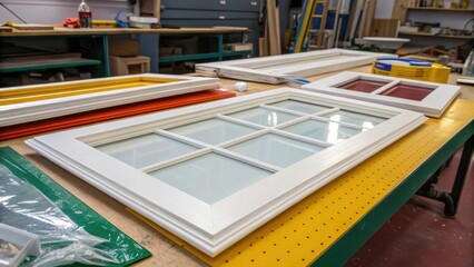 Aufkleber - The camera captures a vibrant workbench strewn with various window components with a particular emphasis on a partially peeled protective film on a sash. The film glistens under