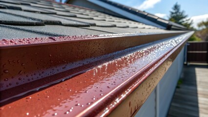 Aufkleber - The closeup of a freshly painted gutter section shows a rich color finish glistening under the sun with tiny paint droplets emphasizing its newness. The detailed texture of the