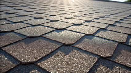 Poster - The closeup emphasizes the installation process of the shingles where the interaction of natural light creates a shimmering effect on the granulated surface. The landscape of
