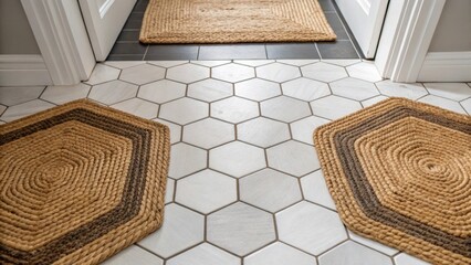 Poster - The geometric effect of the hexagonal tiles is enhanced by strategically p woven rugs in complementary shapes adding texture and comfort to the foyer. The layered design invites
